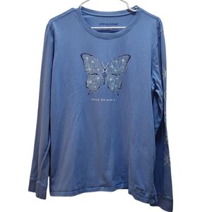 LIFE IS GOOD Light Blue Crusher Long Sleeve Peace on Earth Butterflies Size XL